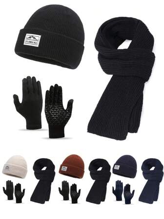 3pcs/Set Knitted Beanie Hat, Scarf And Gloves Warm Ski Outdoor Winter Set For Men And Women