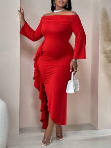 BIUBIU Đầm đỏ lá sen cổ chữ cái cho tiệc năm mới mùa thu/đông cỡ lớn thanh lịch lãng mạn cho quý cô - Đỏ - Xem 3