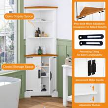 Gabinete de esquina, aparador, gabinete bar, gabinete de baño de esquina con 2 puertas y 3 estantes, gabinete de almacenamiento de esquina independiente para baño, sala de estar, dormitorio o cocina, Color: Blanco+Marrón - Blanco - Ver 9