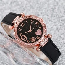 Set de 3 relojes de moda para mujeres con esfera de corazón de diamantes, correa y movimiento de cuarzo. Juego de relojes de pulsera como regalo de vacaciones para mujeres, San Valentín - Oro rosa - Ver 7