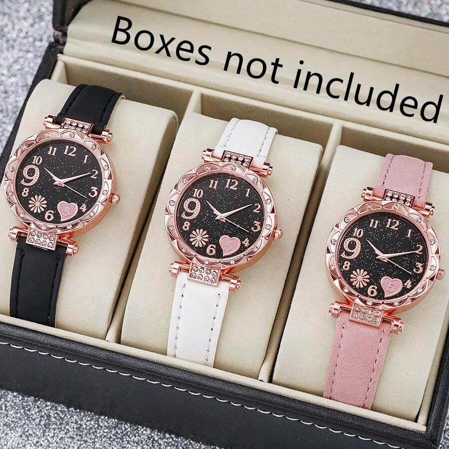 Set de 3 relojes de moda para mujeres con esfera de corazón de diamantes, correa y movimiento de cuarzo. Juego de relojes de pulsera como regalo de vacaciones para mujeres, San Valentín - Oro rosa - Ver 1
