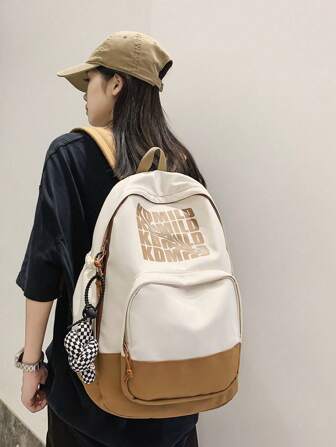 Unisex Monogram Color-Block Large Capacity Preppy Backpack Student Bag With Pendant