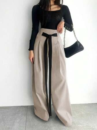 时尚设计阔腿裤，纯色别致通勤修身长裤