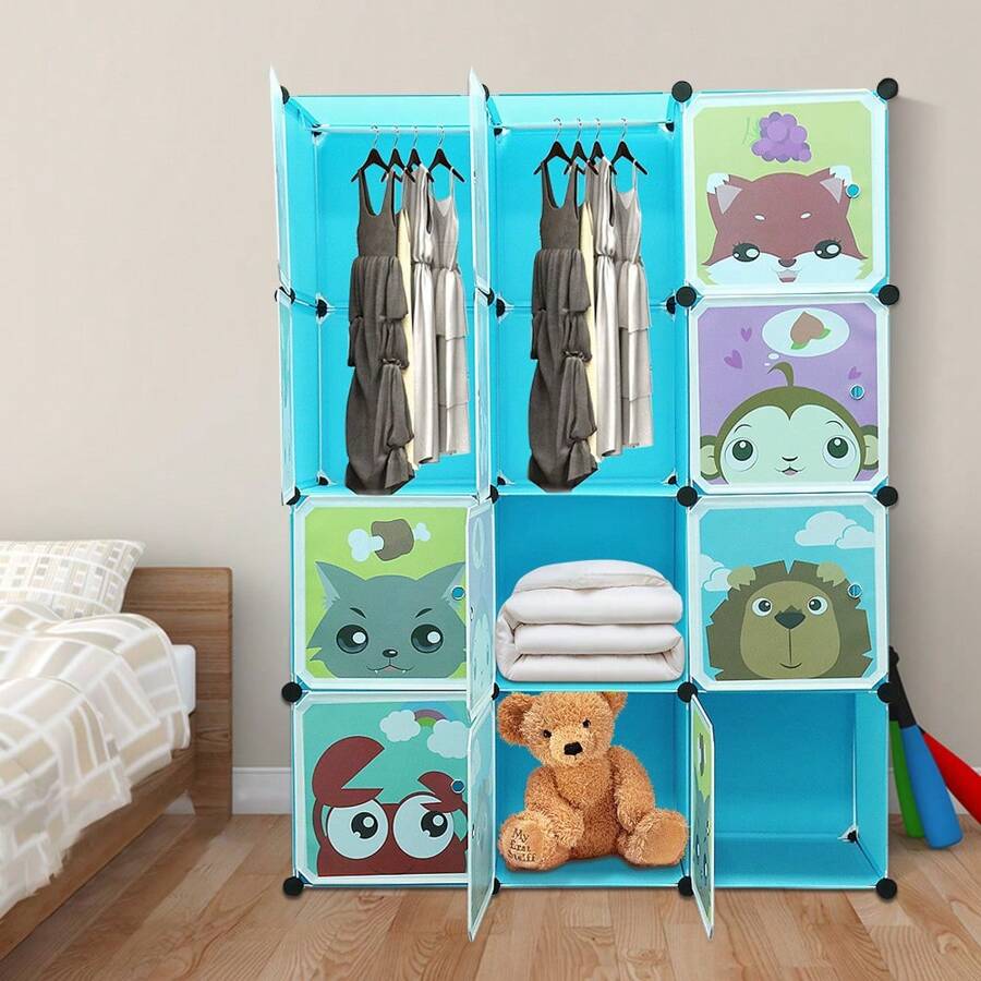 Armoire pour enfants, 12 cubes en plastique, armoire avec portes pour vêtements, chaussures, jouets, cartable, rose/bleu