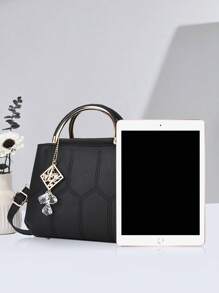 优雅绗缝细节手提包，时尚双手柄工作包，女士仿皮单肩包，手提包单肩斜挎包 - 黑色 - 查看 4