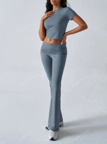 2pcs/Set Women Summer Solid Color Round Neck Short Sleeve Fitted T-Shirt And High Waist Ruffle Flared Pants, Athleisure Set