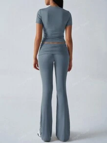 2pcs/Set Women Summer Solid Color Round Neck Short Sleeve Fitted T-Shirt And High Waist Ruffle Flared Pants, Athleisure Set