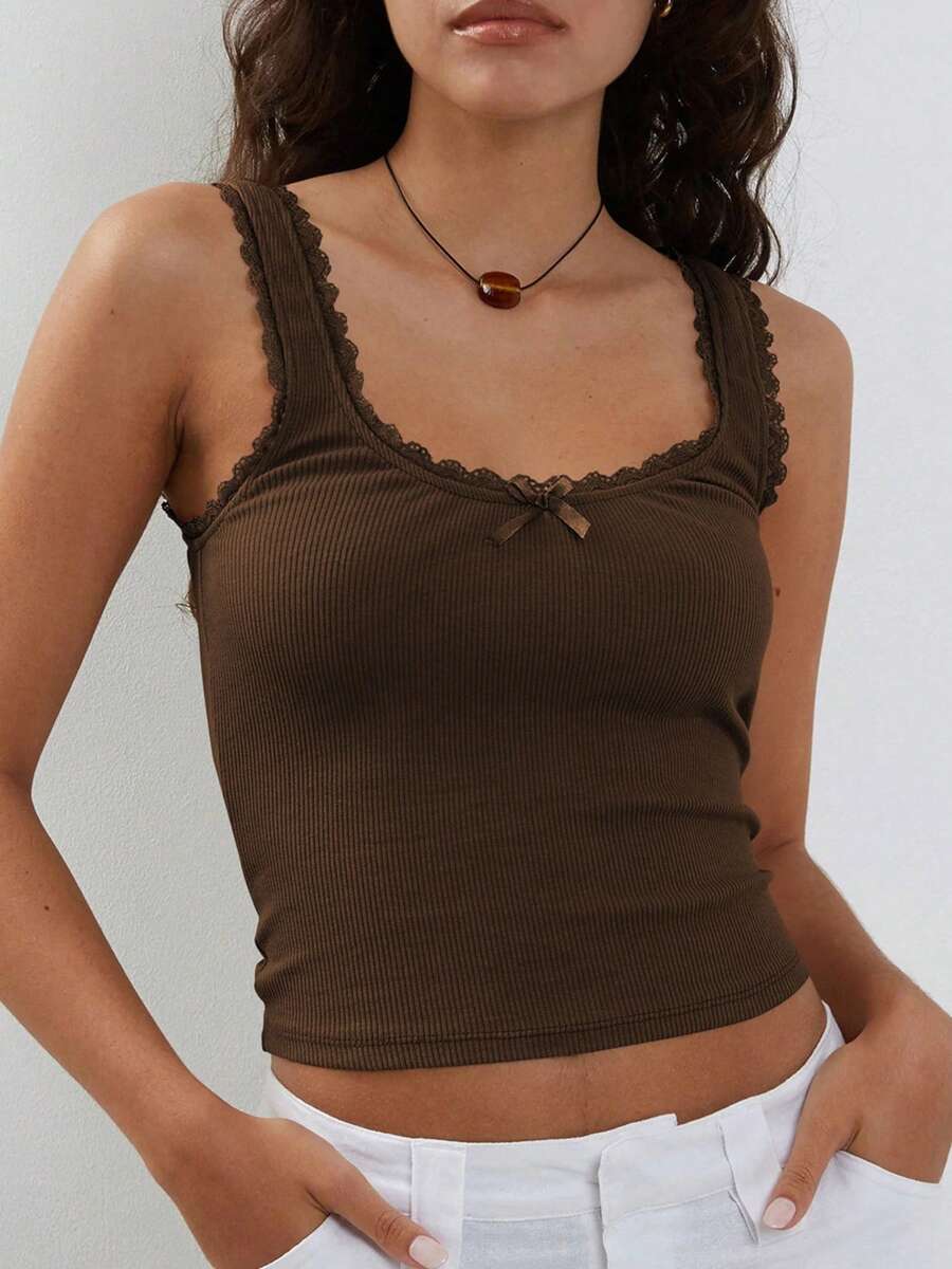 Women's Crop Tank Tops Slim Fit Scoop Neck Backless Lace Trim 3D Bow Ribbed Cami Tank Tops For Party Club Night - Brown - View 1