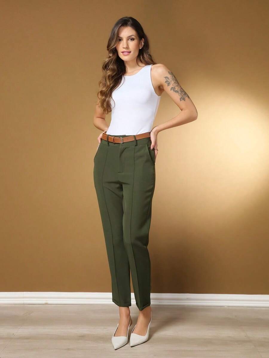Calça Feminina Alfaiataria Social Reta Básica - Verde - Visão 1