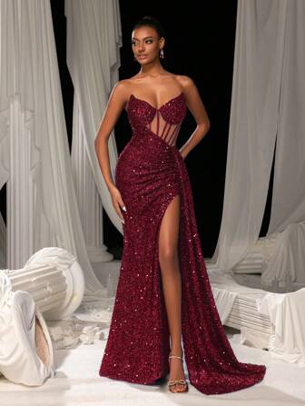Faeriesty Elegant Strapless Glittery Gown With Side Drape & High Slit – Elegant Evening Dress For Spring-Summer Formal Occasions | Perfect For Red Carpet, Gala, Wedding & Luxury Party, Wedding Guest Dress