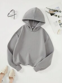 Women Essential Long Sleeve Casual Pullover Drop Shoulder Oversized Hoodie - Grey - View 4