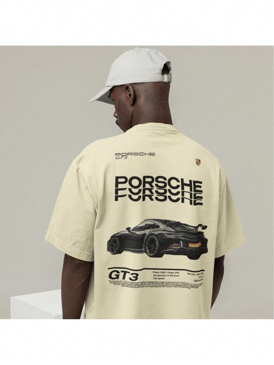 Cotton T-Shirt With Porsche 911 Gt3 Speed Car Design Print - 米色 - 查看 1