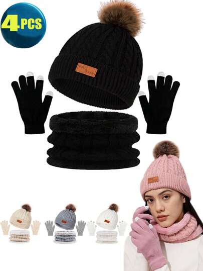 1 Set de Gorro de Punto de Invierno, Bufanda con Pompón y Guantes Táctil, Negro/Rosa/Blanco, Forro de Lana Gorro Calavera para Hombres y Mujeres, Gorro de Invierno, Gorro de Punto Suave con Puño para Mujeres y Hombres