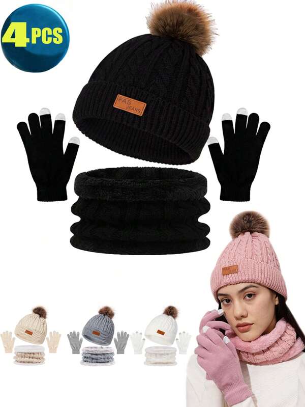Set de 4 piezas, gorro de punto de invierno, bufanda con bola de pelo suave y guantes de pantalla táctil, negro/rosa/blanco, con forro de lana, gorro con calavera para hombres y mujeres, gorro de puño suave y unisex para invierno