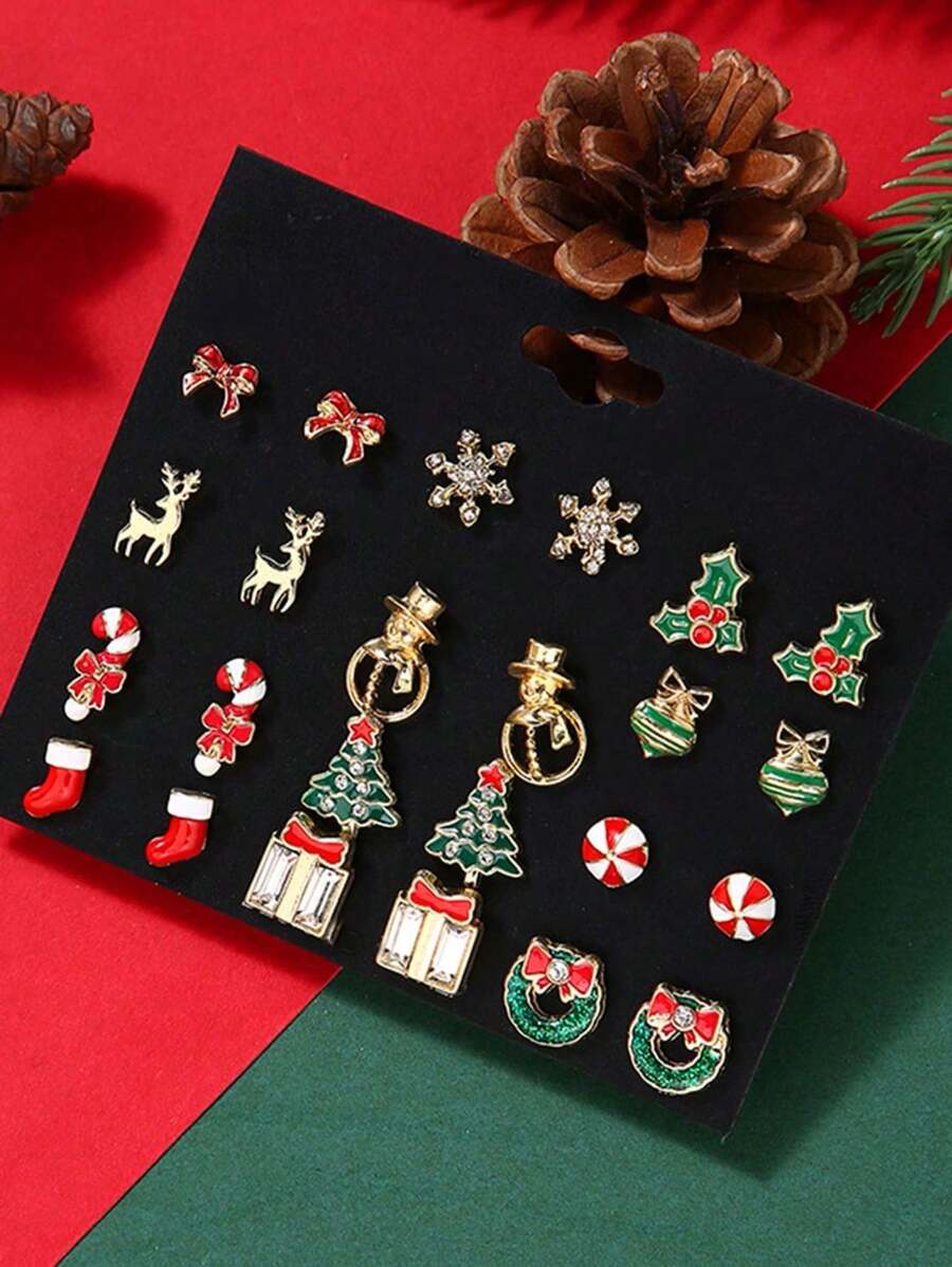 12 对/套优雅可爱圣诞蝴蝶结雪花鹿雪人圣诞树耳环袜子装饰套装，女士礼盒 - 彩色 - 查看 1