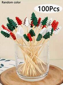 50 件/100 件圣诞树和水果鸡尾酒签，一次性竹制水果串，装饰性木制牙签，树形竹签，适用于开胃菜、水果、纸杯蛋糕、小吃、饮料、圣诞节、生日派对、婚礼用品 - 查看 1