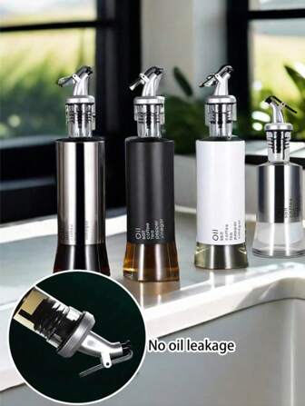 1pc Stainless Steel Oil Bottle With Glass Container, Oil & Vinegar Sauce Dispenser, Scale & Clamp Design For Oil Control, Home & Kitchen Use