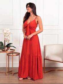 Long Plain Viscose Dress With Straps And Cups - Red - View 2