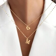 2 件/套 新款时尚首字母镂空心形吊坠 金色不锈钢唇链多层项链 女士
