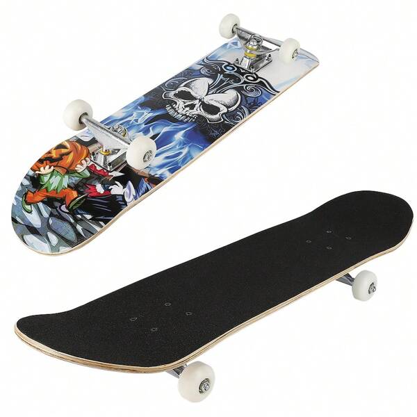 Patineta de madera de arce con patrón de calavera, ruedas silenciosas de PU para adultos/niños, 79x19,5 cm