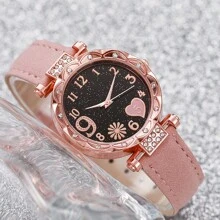 Set de 3 relojes de moda para mujeres con esfera de corazón de diamantes, correa y movimiento de cuarzo. Juego de relojes de pulsera como regalo de vacaciones para mujeres, San Valentín - Oro rosa - Ver 6