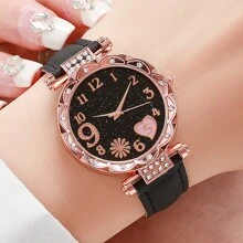Set de 3 relojes de moda para mujeres con esfera de corazón de diamantes, correa y movimiento de cuarzo. Juego de relojes de pulsera como regalo de vacaciones para mujeres, San Valentín - Oro rosa - Ver 3