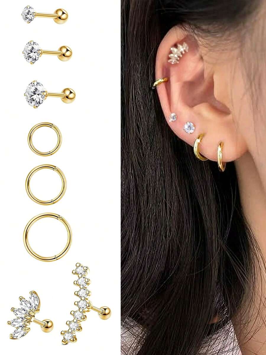 8 chiếc khuyên tai sụn tai hình hoa bằng thép không gỉ dành cho nữ, khuyên xỏ khuyên vành tai hình xoắn ốc bằng vàng 14K Zirconia, đinh tán hình quả tạ CZ - Vàng - Xem 1