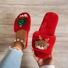 女士圣诞老人主题毛绒蓬松室内拖鞋，圣诞节舒适家居拖鞋 - 紅色 - 查看 6