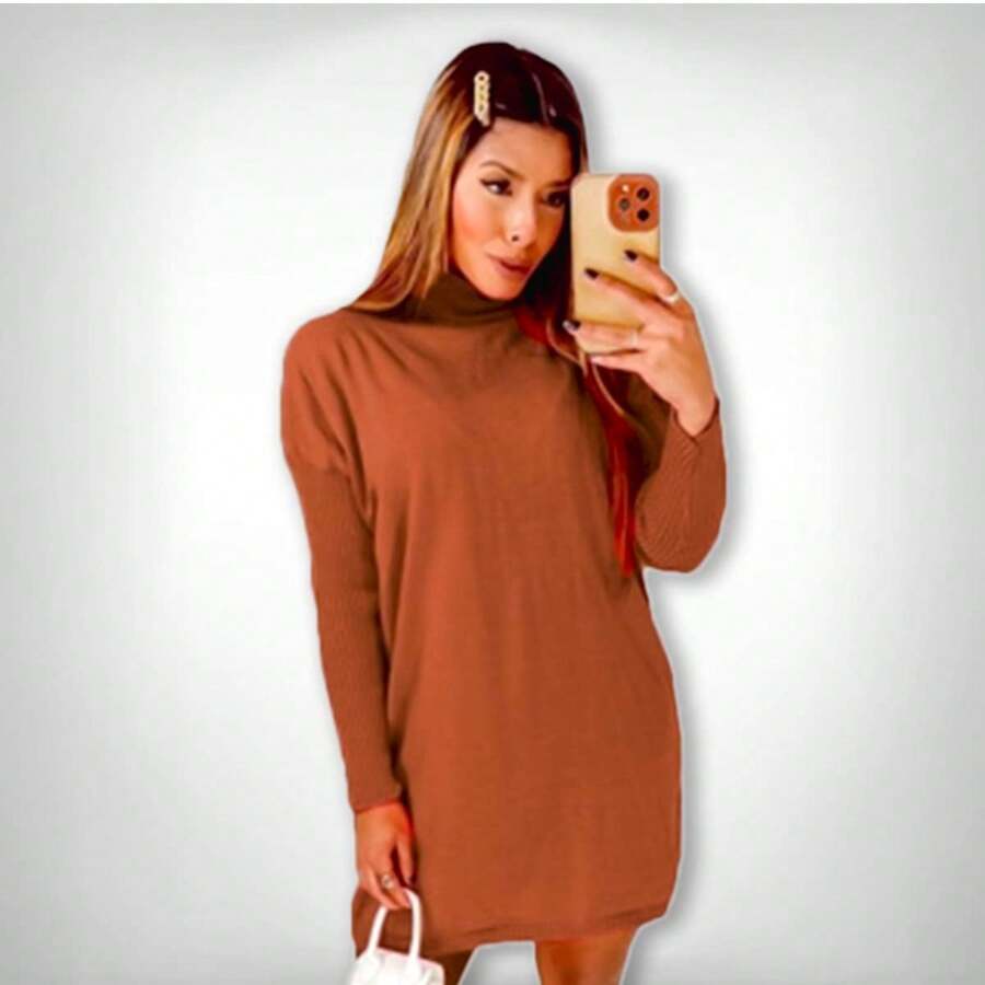 Women's Short Dress Knit Modal Winter Long Sleeve - 鏽棕色 - 查看 1