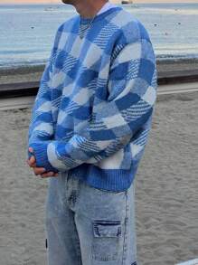 Collegiate Asymmetrical Checkered Print Knit Loose Fit Pullover Sweater With Round Neck And Drop Shoulder For Casual Wear, Unisex, Modern Design, Autumn/Winter - Blue - View 1