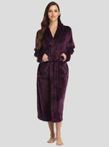 1pc Women Simple Solid Thick Flannel Loose Robe, Warm Comfy Gray Collared Sleepwear For Home Use, Autumn/Winter, For Fall Winter, Cozy Outfit, Fluffy - Purple - View 2