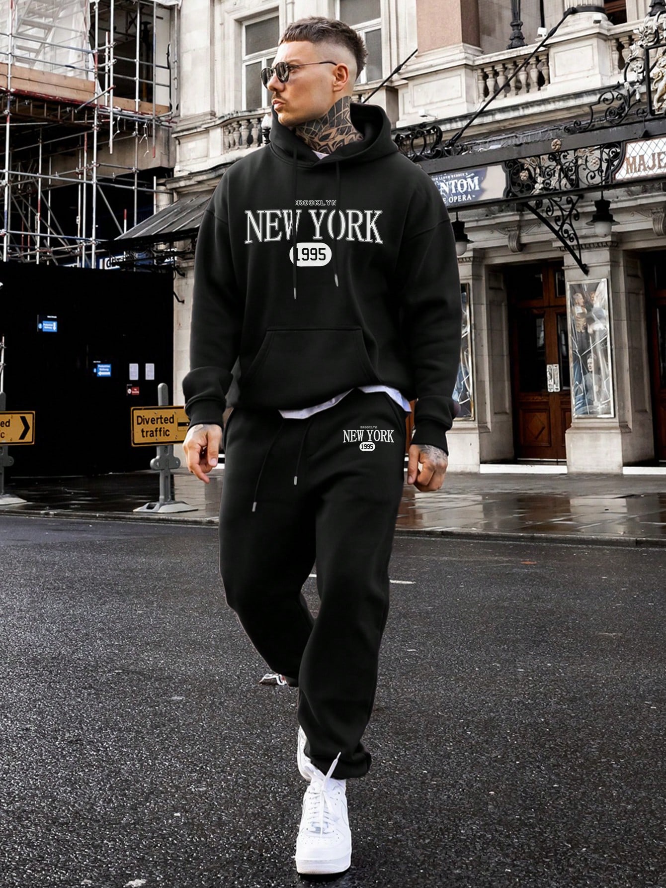 Men's Casual Solid Color Fleece Hoodie And Sweatpants Set, Autumn/Winter
