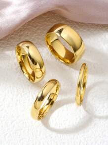 4 Pcs/Set Simple And Versatile Stainless Steel Plated 18k Gold Random Combination With Inner And Outer Ball Ring Different Thickness Gold Ring Men And Women With The Same Couple Ring For Women Daily Wear