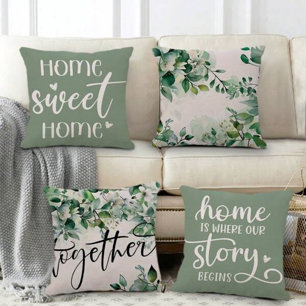 4pcs Home Sweet Leaf Green & White Linen Pillow Covers, Modern Minimalist Cushion Covers For Spring/Summer, Suitable For Living Room, Bedroom, Sofa, Bed Decor (15.748inch*15.748inch, 17.7inch*17.7inch, 19.685inch*19.685inch, 11.81inch*119.685inch)
