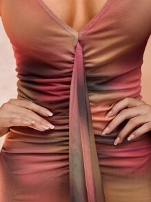 Persoshow Special Print V-Neck Tight Ruffle Trim Elegant Dress - Multicolor - View 6