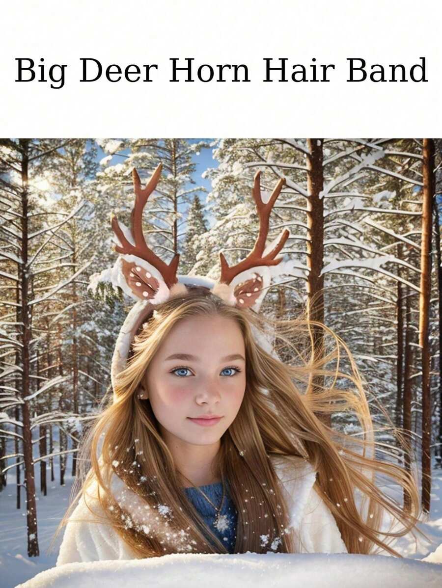 1 件女士加大码棕色毛绒驯鹿角和耳朵时尚头带，适用于圣诞派对表演、日常装饰道具万圣节 - 棕色 - 查看 1