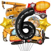 9 piezas Globos de látex con tema de sitio de construcción y globos de lámina con número, decoración para fiesta de cumpleaños, globos grandes de camión volquete de ingeniería