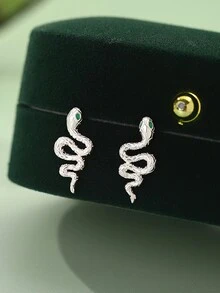 1 Set Includes: 1 Pair Earrings + 1 Necklace + 1 Ring. 925 Sterling Silver Minimalist Jewelry Set, Sparkling Cubic Zirconia Inlaid, Snake Design, Suitable For Daily Wear And Party Accessories, Gift For Women