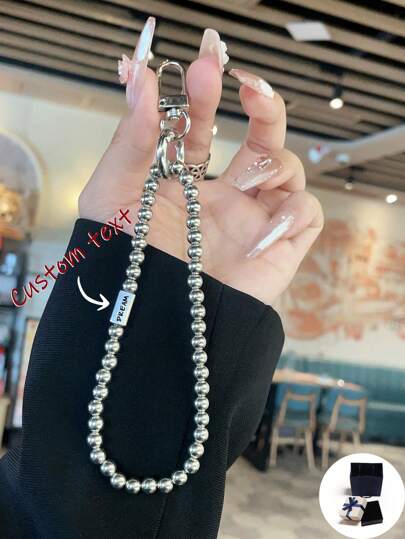 Cadena personalizada de teléfono de bola de plata y rectángulo con grabado y correa con borla (incluye almohadilla para la correa), personalizable con nombres, frases, fechas - adecuado para cumpleaños, aniversario, uso diario, regalo