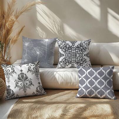 4 件套灰色简约日常莫里斯图案靠垫套，单面印花桃色天鹅绒材质，45*45/50*50/40*40 厘米枕套，适用于现代布艺沙发，室内装饰，派对装饰，礼物