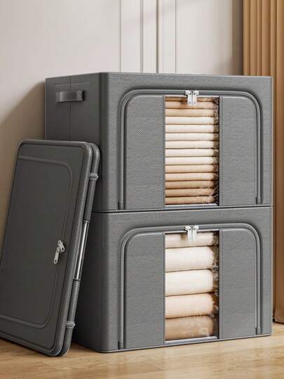 1pc/2pcs Zippered Clothes Storage Box, Large Capacity Basket For Clothes, Blankets, Quilts, Toys, Household Wardrobe Organizer, Space Saving Organizer Of Closet, Bedroom, Home, Dorm, Bedroom Accessories