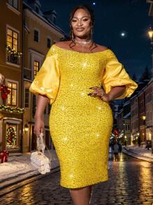 Đầm dạ hội hở vai tay đèn lồng lấp lánh chắp vá gợi cảm cỡ lớn cho nữ, Đầm dạ hội bán trang trọng cho tiệc cocktail, tiệc sinh nhật, tiệc cưới, lễ tốt nghiệp, tiệc tối, tiệc về trường - Màu vàng - Xem 2