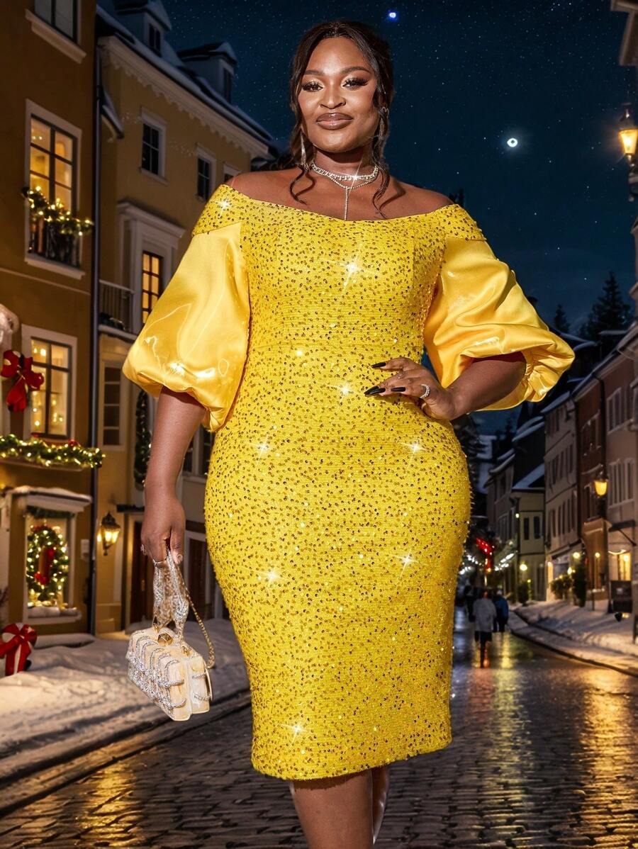 Đầm dạ hội hở vai tay đèn lồng lấp lánh chắp vá gợi cảm cỡ lớn cho nữ, Đầm dạ hội bán trang trọng cho tiệc cocktail, tiệc sinh nhật, tiệc cưới, lễ tốt nghiệp, tiệc tối, tiệc về trường