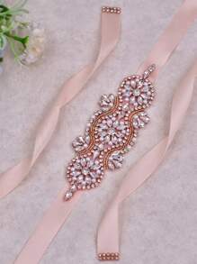 1pc Royal Ribbon Waist Belt, Rhinestone & Faux Pearl Decor, Bridal Wedding Accessories, European & American Popular Style, Durable - Multicolor - View 11