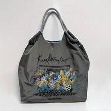 全新时尚百搭刺绣花卉图案尼龙轻便大容量可折叠女式手提包 - 深灰色 - 查看 1