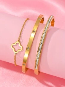 1 chiếc vòng tay thời trang bằng thép không gỉ tinh tế mạ vàng 18K hình cỏ bốn lá đính đá sang trọng đa năng, thích hợp làm quà tặng ngày lễ cho phụ nữ - Vàng - Xem 2