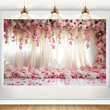1pc, Multifunctional Pink Floral Polyester Background Fabric - Suitable For Weddings, Birthdays, Dessert Tables, And Photo Booths - No Power Required