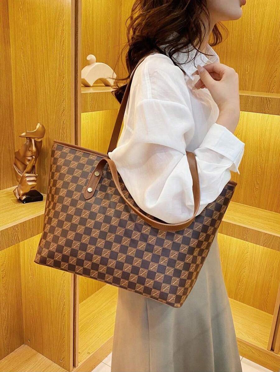 Túi Tote Dung Tích Lớn Thời Trang Cho Nữ - Túi Đeo Vai & Túi Xách Đa Năng Có Khóa Kéo, Chất Liệu PU Bền - màu nâu - Xem 1