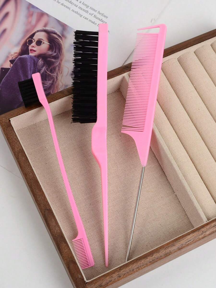 3pcs/Set Hairdressing Tools: 3-Row Bristle Brush, Tail Comb, Eyebrow Brush For Teasing, Highlighting, Hair Braiding ,Hair Styling Tools Hair Accessories - Pink - View 1