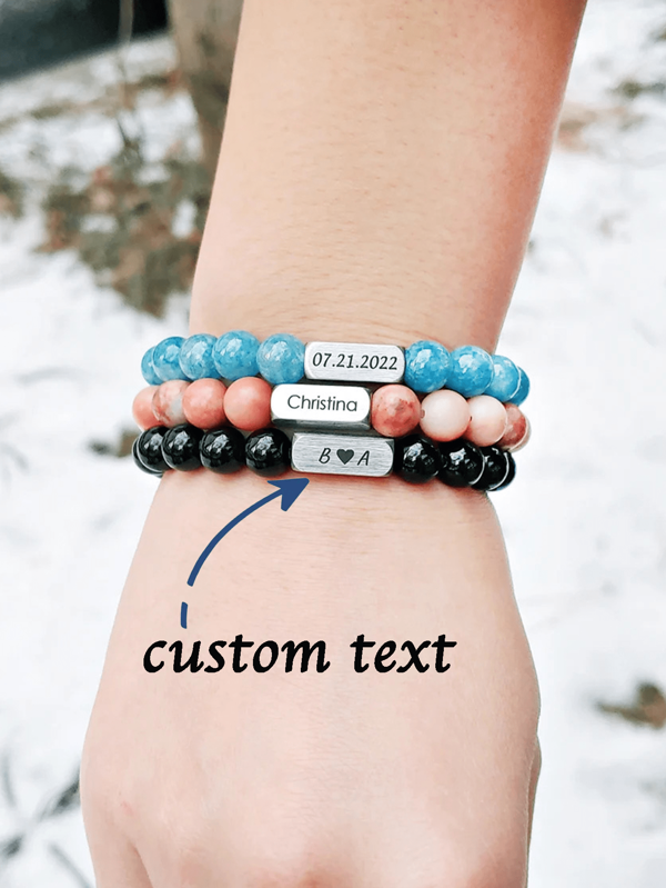Pulseira de pedra natural de aço inoxidável personalizada Pulseira de casal personalizada, presentes gravados para dia dos namorados, aniversário, amigos e família